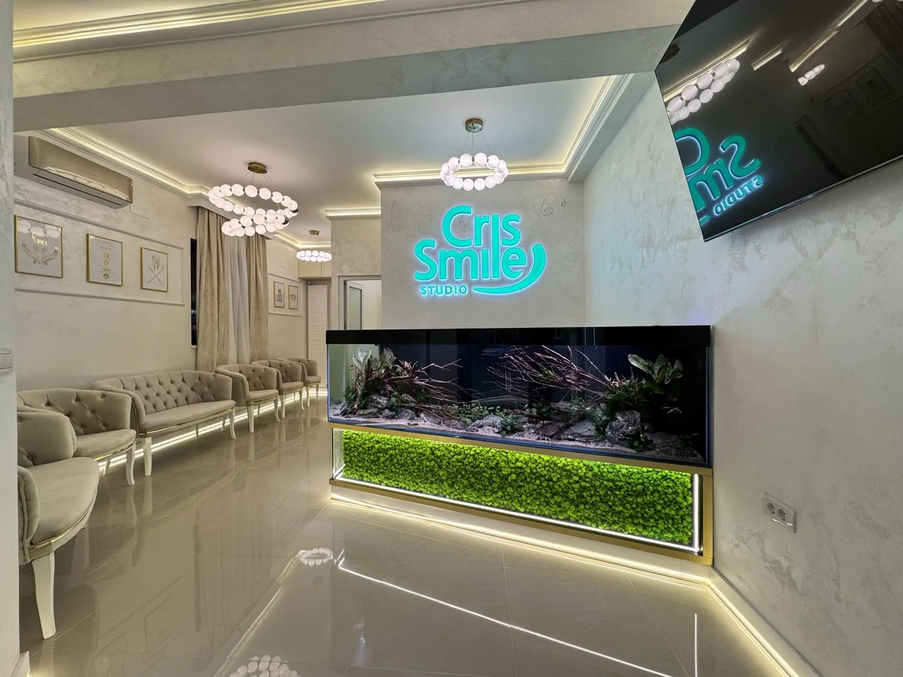 Recepția și sala de așteptare a clinicii Cris Smile Studio București, cu acvariu și sigla luminoasă